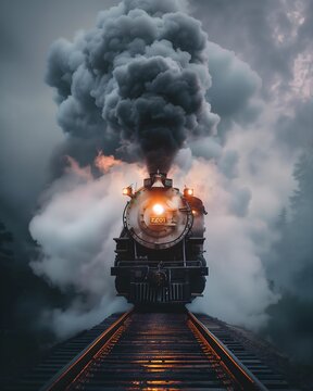 old train rail, locomotive emerging from steam and smoke