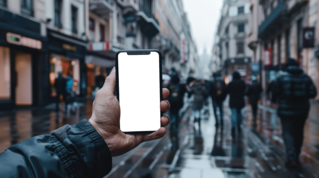 Man holding smartphone showing white blank screen - Powered by Adobe