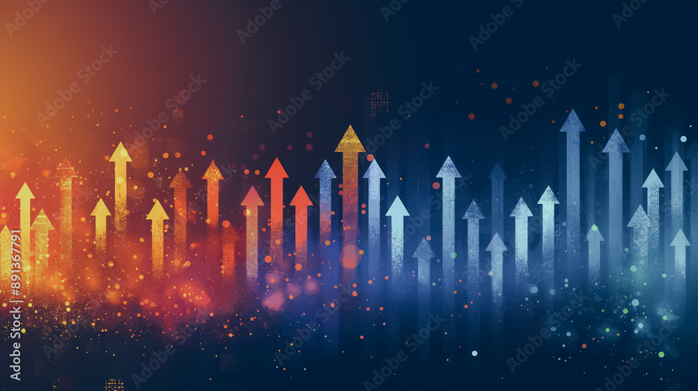 Poster tech-themed abstract background with colorful arrows pointing upwards, representing growth and innov