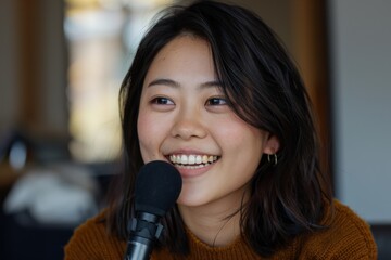 A young woman casually holds a microphone, candidly smiling as she converses. The image conveys a sense of relaxed engagement and friendly interaction in a warm setting.