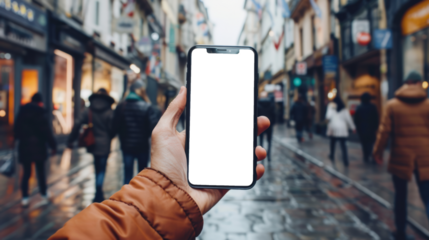 Man holding smartphone showing white blank screen