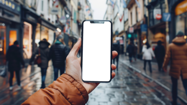 Man holding smartphone showing white blank screen