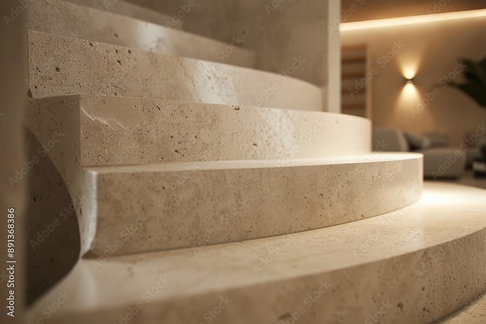 Poster A detailed close-up view of elegant travertine stairs that gently curve, set in a modern, minimalist interior, showcasing the refined texture and design of the stone.