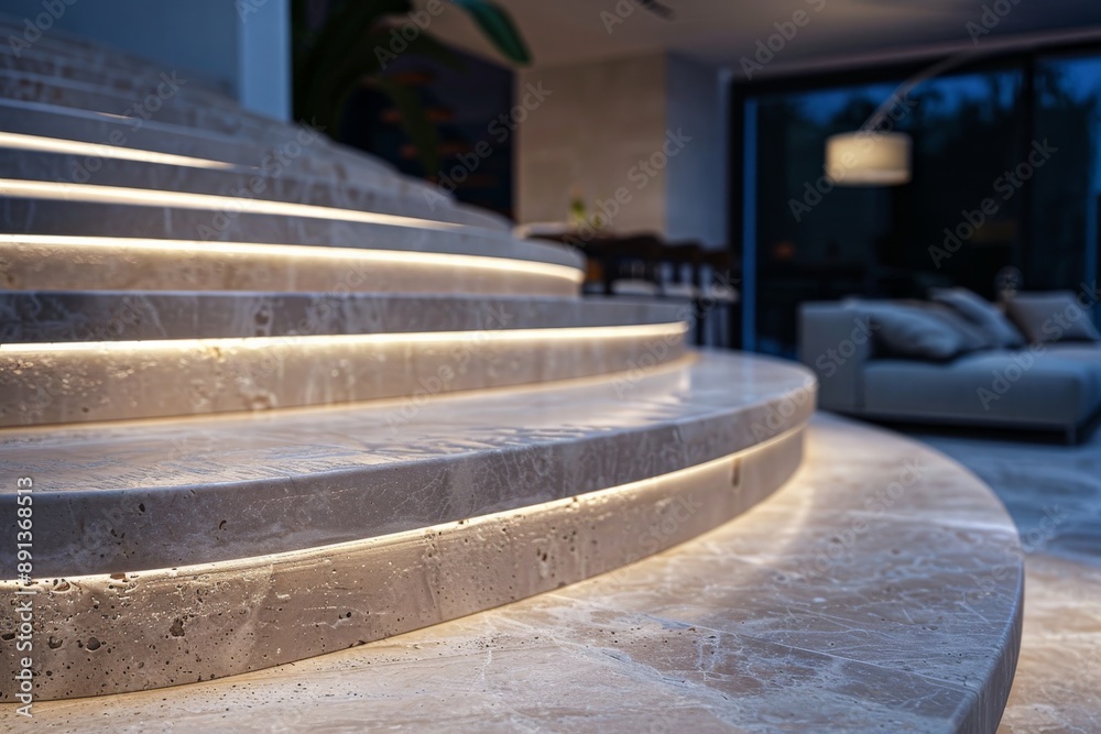 Poster An elegant light stone staircase with soft integrated lights, creating a relaxed and luxurious ambiance in a modern interior setting, perfect for sophisticated living spaces.