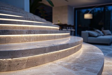 An elegant light stone staircase with soft integrated lights, creating a relaxed and luxurious ambiance in a modern interior setting, perfect for sophisticated living spaces.