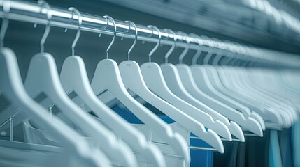 Fototapeta premium A row of hangers with metal hooks hangs on a silver metal rod, ready to be used
