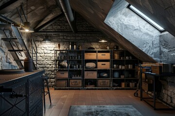 A cozy attic space with slanted ceilings, featuring organized storage shelves filled with boxes and vintage decor items, illuminated by natural light from a skylight.