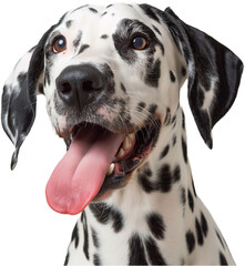 A close-up of a happy Dalmatian puppy with its tongue out.
