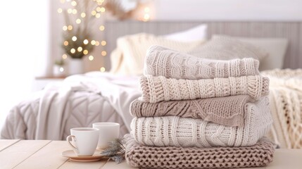 A warm beverage rests on top of two knit blankets with a string of fairy lights weaving around them, creating a cozy winter scene.