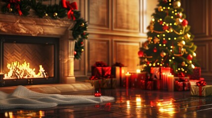 Holiday able with christmas tree and fireplace. with copy space