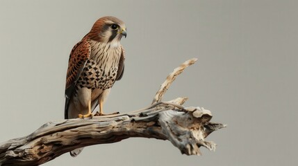 A small American Kestrel bird is perched on a piece of driftwood against a plain, white background