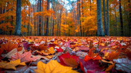 Autumn forest with a carpet of fallen leaves in vibrant colors