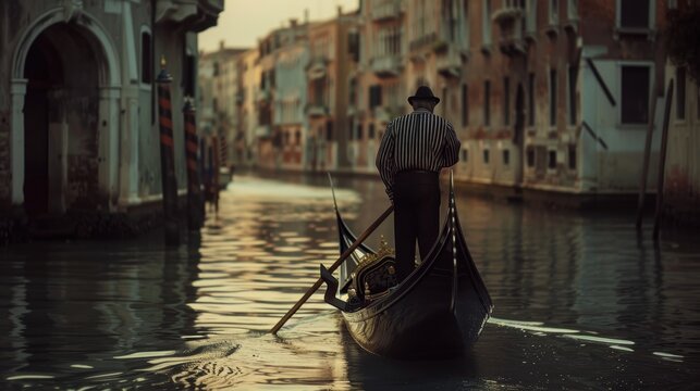 Traditional gondolier navigating a gondola through the narrow canals of venice, italy in the daylight