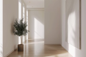 Fototapeta premium A well-lit hallway featuring modern design elements such as wall art and a green plant, adorned with natural light, clean lines, and a calm, welcoming environment.