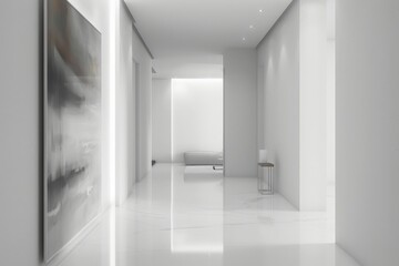 An interior showcasing a minimalist design flooded with bright, natural light and featuring modern abstract wall art, a subtle seating area, and sleek, reflective surfaces.