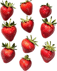 A close-up of ripe red strawberries with green leaves.
