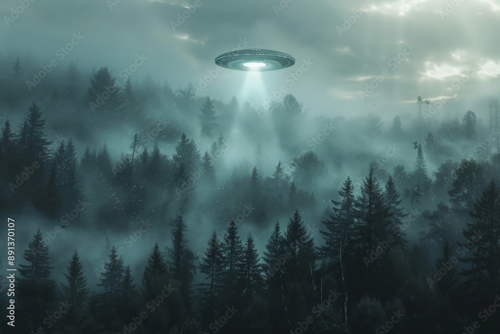 Poster a bright ufo beams light down onto a misty forest, highlighting the tall, dark trees that create a c