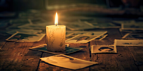 A Tribute Unspoken: A single candle flickering on a simple wooden table, surrounded by photos of the departed