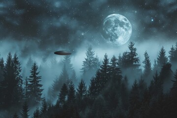 A UFO hovers in the moonlit sky over a dark forest, surrounded by stars and bathed in an eerie blue light that enhances the mysterious and suspenseful night scene.