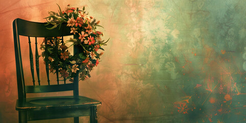 The Empty Chair: An empty dining chair, adorned with a wreath of flowers, facing an empty seat at the table.