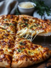 Delicious cheese pizza being sliced with a pizza cutter, melted cheese and toppings, medium shot
