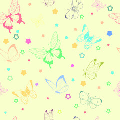 Butterfly seamless repeat pattern pastel design background. Random colorful butterfly silhouette, cute girly pastel pattern.