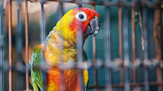 A bright yellow and orange parrot with green wings looks out through the bars of its cage
