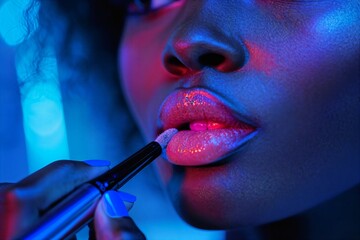 a woman is putting on lipstick with a blue light