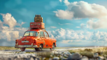Travelling by retro car. Back view of a car with luggage on the roof. Car on the road with a lot of suitcases on roof. Family travel on vacation.