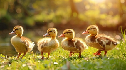 Obraz premium Four ducklings walk in a line on green grass bathed in sunlight