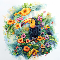water color painting colorful tropical  flowers with Knobbed ,Hornbills ,parrot sitting on a branch in the forest,tropical flowers, orchids, anthuriums and green leave on white background.
