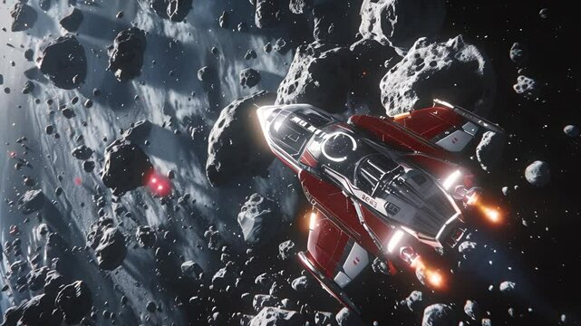 Spaceship flying through an asteroid field