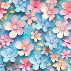 of seamless pattern with 3D spring flowers in vibrant pastel colors
