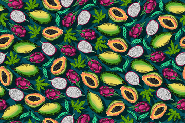 seamless pattern papaya and dragon fruit vector drawing