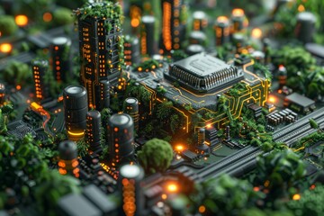 Obraz premium Electronics cyberspace with micro microchip, cyberspace background. Generative AI