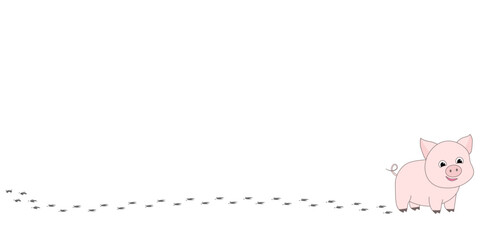 Funny cartoon piglet is standing on white background. Happy piglet and its foot track. Wide banner footer and text space. Farm animal for your design. EPS 10.