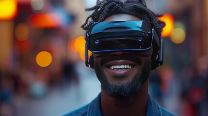 man smiles while using a Virtual Reality headset