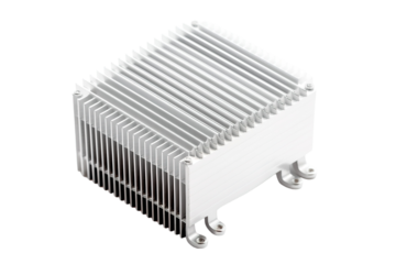 A Silver Finned Heat Sink Designed for Cooling Electronic Devices on a Clear PNG or White Background.