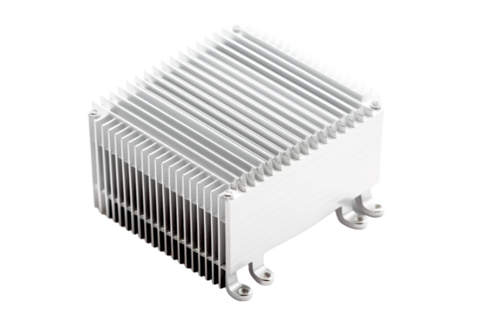 A Silver Finned Heat Sink Designed for Cooling Electronic Devices on a Clear PNG or White Background.
