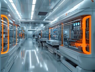 Fototapeta premium Cutting-Edge Factory R&D Lab: Hyper-Realistic 3D Rendering of Innovation and Creativity