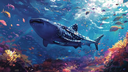 Fototapeta premium A whale shark swims through a vibrant coral reef, surrounded by a diverse array of colorful fish