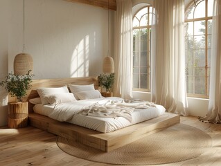 Serene Minimalist Bedroom Interior with Wooden Platform Bed and Large Windows in 3D Rendering