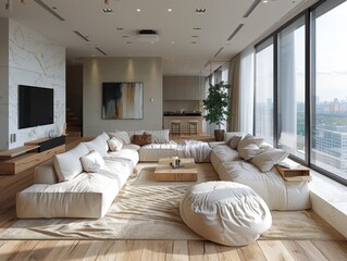 Modern Minimalist Living Room with Sectional Sofa and Floor-to-Ceiling Windows in 3D Render