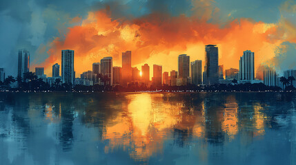 Miami skyline in aqua, orange, white and marine blue, bold, fine lines, artistic.