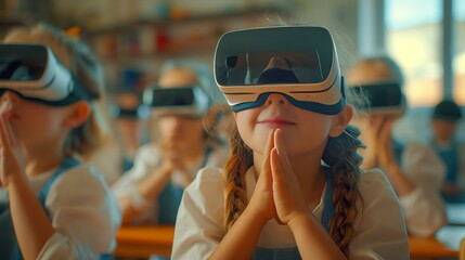 A young girl is an elementary school student participating in lesson using virtual reality headsets.