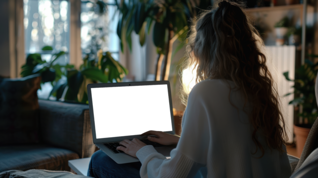 Mockup image of a woman working and touching on laptop touchpad with blank screen at home