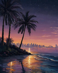 Dusk in a beach with palm trees and a city on a distance 