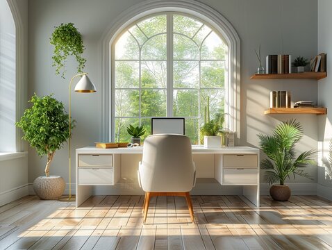 Modern Minimalist Home Office for Productivity: 3D Rendering of White Desk, Ergonomic Chair, Laptop, and Natural Light