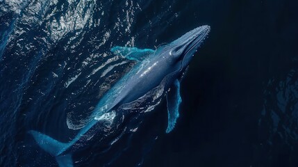 A humpback whale swims through the blue ocean waters, viewed from above