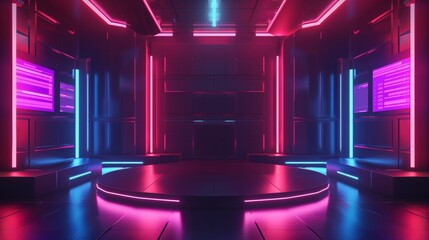 A neon lit room with a stage in the center